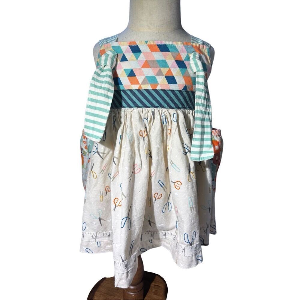 Matilda Jane Platinum Girls Dress Sz 4 Scissors Print Adjustable Tie Waist Limit